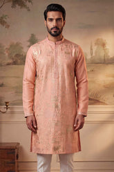 Peach Viscose Rayon Solid Embroidered Kurta With Trousers MKSET2092