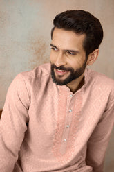 Peach Linen Blend Geometric Woven Design Kurta MKU2364