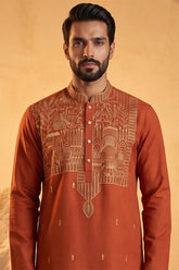Orange Silk Blend Solid Emboidered Straight Kurta With Trouser MKSET2372