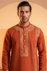 Orange Silk Blend Solid Emboidered Straight Kurta With Trouser MKSET2371