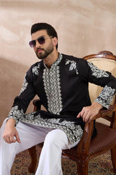Black Silk Blend Embroidered Mandarin Collar Straight Kurta With Trouser MKSET2019