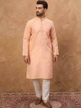 Men Peach Silk Blend Solid Embroidered Straight Kurta With Pant Set-MKSET1453