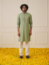 Men Green Chikankari Embroidered and Sequence Kurta with Churidar