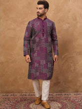 Men Purple Silk Blend Geometric Printed Straight Kurta With Pant Set-MKSET1529
