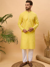 Men Yellow Silk Blend Solid Embroidered Straight Kurta With Pant Set-MKSET1455