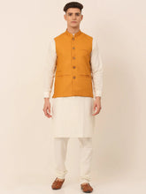 Men's Solid Kurta Pyjama With Nehru Jacket ( JOKPWC W-F 4046Mustard )-JOKPWC-W-F-4046