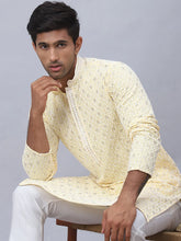 Men's Yellow Chikankari Embroidered and Sequence Kurta with Pyjama-JOKP-5094Yellow