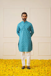 Men's Teal Cotton Floral printed kurta Only