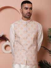 Floral Printed and Embroidered Nehru Jacket for Men-JOWC-4100Orange