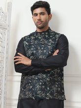 Embossed Silk Blend Nehru Jacket-JOWC-4102Teal