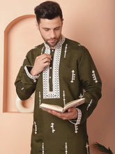 Men's Collar Chikankari Embroidered Kurtas-KO-5053Olive