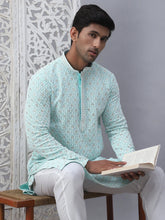 Men's Sky Blue Chikankari Embroidered and Sequence Kurtas-KO-5094Sky