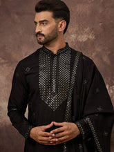 Men Black Silk Blend Solid Embroidered Straight Kurta with Dupatta-MKUD1006