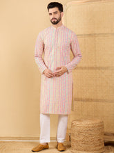 Men Multi Viscose Rayon Striped Embroidered Straight Kurta with Trouser-MKSET1038