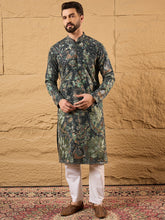 Men Green Georgette Solid Embroidered Straight Kurta with Trouser-MKSET1133