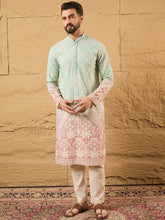 Men Teal Viscose Rayon Ethnic Motifs Embroidered Straight Kurta with Trouser-MKSET1139