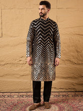 Men Black Georgette Solid Embroidered Straight Kurta with Trouser-MKSET1200