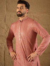 Men Pink Viscose Rayon Solid Embroidered Straight Kurta with Trousers-MKSET1201