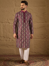 Men Purple Pure Silk Floral Printed Straight Kurta with Trouser-MKSET1279