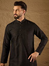 Men Black Silk Blend Solid Embroidered Straight Kurta with Trouser-MKSET1292