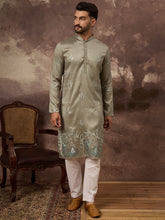 Men Green Silk Blend Solid Embroidered Straight Kurta with Trouser-MKSET1345