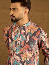 Men Grey Silk Blend Floral Printed Straight Kurta with Trouser-MKSET1613