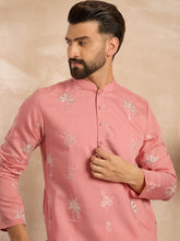 Men Pink Cotton Solid Embroidered Straight Kurta Sets-MKSET1677
