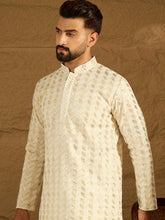 Men Off White Cotton Solid Printed Straight Kurta with Trouser-MKSET1702