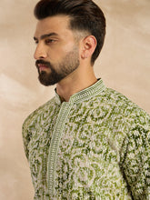 Men Green Viscose Rayon Batik Embroidered Straight Kurta Sets-MKSET1717
