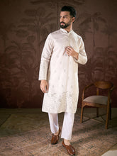 Men White Silk Blend Floral Embroidered Straight Kurta With Trouser-MKSET1784