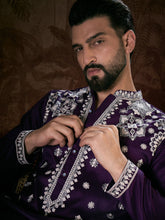 Men Purple Silk Blend Solid Embroidered Straight Kurta With Trouser-MKSET1797