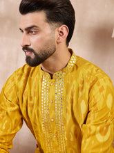 Men Yellow Viscose Rayon Chevron Printed Straight Kurta With Trouser-MKSET1966