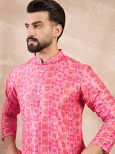 Men Pink Silk Blend Ethnic Motifs Printed Straight Kurta With Trouser-MKSET1990