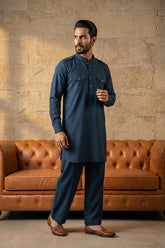 Blue Viscose Rayon Solid Straight Pathani Set MKSET2200