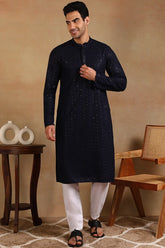 Navy Blue Viscose Rayon Solid Embroidered Straight Kurta For Men MKU1011BLU