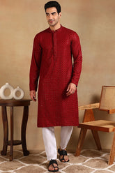 Maroon Viscose Rayon Solid Embroidered Straight Kurta For Men MKU1011MRN