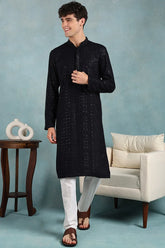 Navy Blue Viscose Rayon Solid Embroidered Straight Kurta For Men MKU1022DBLU