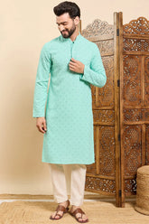 Sea Green Viscose Rayon Solid Embroidered Ethnic Straight Chikankari Kurta For Men MKU1030TRQ