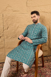 Blue Silk Embroidered Mandarin Collar Straight Kurta MKU1132