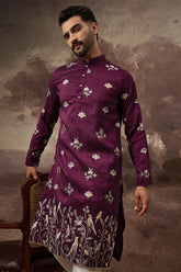 Purple Silk Blend Solid Embroidered Straight Kurta MKU1340