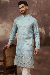 Blue Silk Blend Solid Embroidered Straight Kurta MKU1343