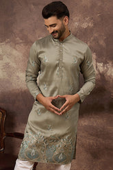 Green Silk Blend Solid Embroidered Straight Kurta MKU1345