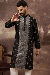Black Silk Blend Solid Embroidered Straight Kurta MKU1370