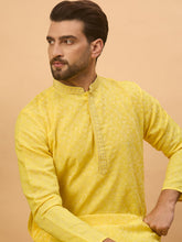 Men Yellow Silk Blend Solid Embroidered Straight Kurta-MKU1455