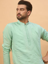 Men Blue Silk Blend Solid Embroidered Straight Kurta-MKU1508