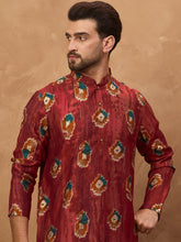 Men Red Viscose Rayon Ethnic Motifs Printed Straight Kurta-MKU1544