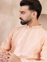 Men Peach Silk Blend Solid Embroidered Straight Kurta-MKU1739