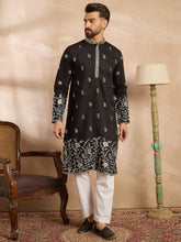 Men Black Silk Blend Solid Embroidered Straight Kurta-MKU1782