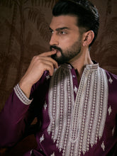 Men Purple Silk Blend Solid Embroidered Straight Kurta-MKU1793