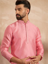 Men Pink Polyester Solid Embroidered Straight Kurta-MKU1842